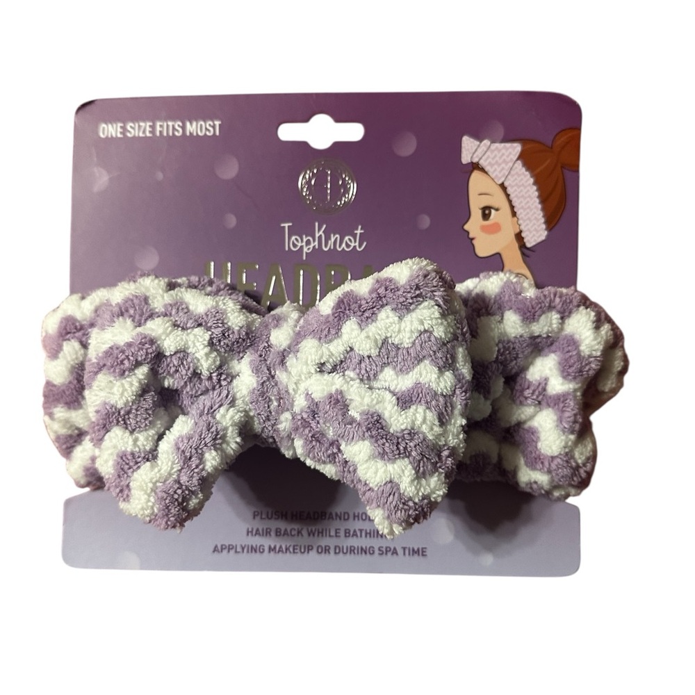 Topknot Purple and White Plush Headband New Zigzag Stripe